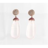 A pair of pink sapphire, diamond and rose quartz drop stud earrings, set with a rose quartz pear