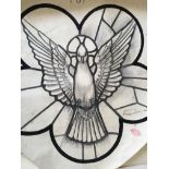 Three stamped John Hardman & Co. watercolour stained glass designs depicting dove, Sacred Heart, and