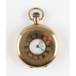 A 9ct yellow gold cased DF&C crown wind half hunter pocket watch, the white enamel dial having