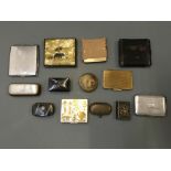 Various snuff boxes, cigarette tins, powder compact, coin scale coins.