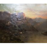 Framed, indistinctly signed with initials J.P., oil on canvas, mountain scene with sunset, 88xcm x