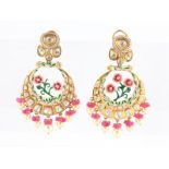 A pair of gold plated Indian style enamel and gemstone set stud drop earrings.