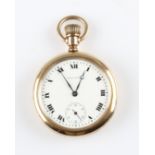 A gold plated Waltham crown wind open face pocket watch, the white enamel dial having hourly Roman