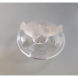 A Lalique pin dish with two frosted glass dives to top.