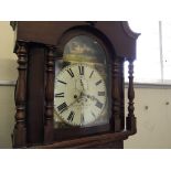 A Morris Williams grandfather clock depicting Raby Castle grounds to face, with claw feet and