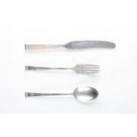 A boxed silver christening set, comprising a fork, knife and spoon, all hallmarked Sheffield 1957,