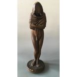 HOUDON. An Art Deco brown painted chalk figurine of semi-clad female wearing shawl, height 50cm,