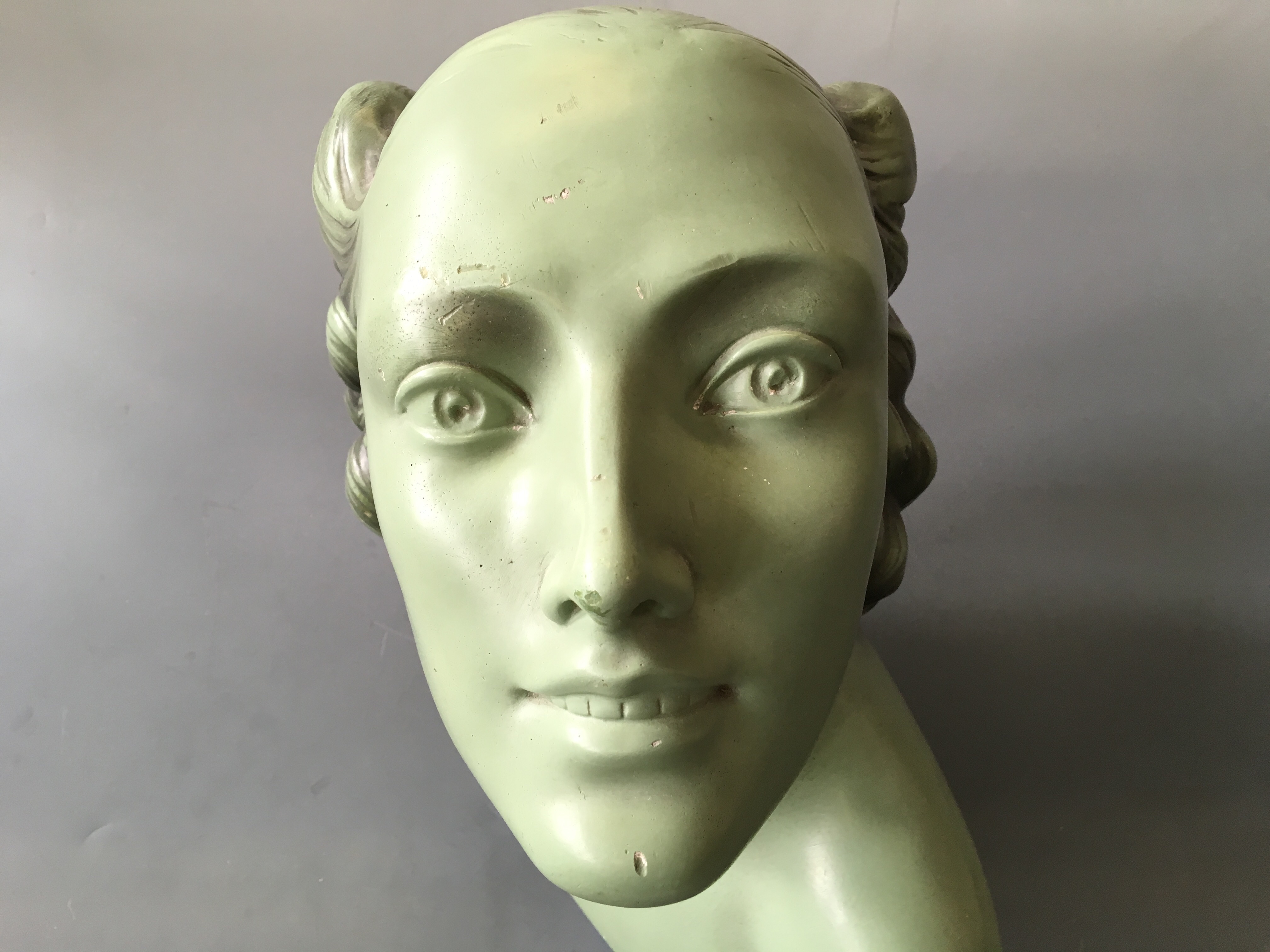 SALVATORE MELANI. An Art Deco green painted bust of female, marked 92, Deposé, height 36cm, width - Image 3 of 3