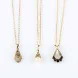 Three gemstone set pendants with chains, to include sapphire, diamond and pearl, one hallmarked 9ct,