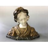 AFFORTUNATO GORY. Signed gilt bronze and marble bust of female with hat, on marble base, height 21cm