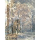 A framed, glazed indistinctly signed watercolour on paper of hunter in woodland scene with dog,