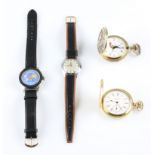 A collection of four watches, to include two gold plated crown wind pocket watches, each having