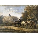 Framed, unsigned, oil on canvas, landscape with figures and horse-drawn hay wagon, 29.2cm x 44.