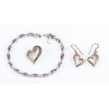 An amethyst line bracelet, stamped 925, together with a suite of stone set heart jewellery, to