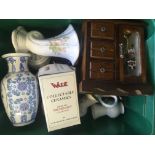 Three boxes of mixed items to include Wade figurines, glass, jug in the form of a penguin, jug