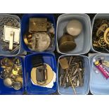 Approximately twenty five boxes of engineers parts including adhesives, clock parts, steel, keys,