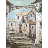 JUAN PASCUAL. Framed, signed Mediterranean town scene, 45cm x 37.5cm, with L.O. MAW. Framed,