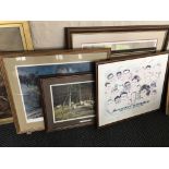 Six framed prints including trains, boat, interior scene, etc