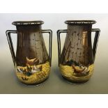 Two handled vases with chicken design, height 34cm, one marked 370 to base.