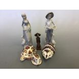 Three Royal Crown Derby animal figurines, Hedgehog, tortoise and pig, with two figurines with