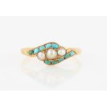 A turquoise and pearl ring, set with three graduated pearls flanked to either side with a row of