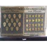 Four sheets of Kaye’s Patent Locks and Door Furniture brass sample cards of catches and hinges.