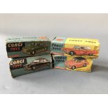 A Corgi Toys 240M Rover 90 Saloon, 209 Riley Pathfinder Police Car, 214M Ford Thunderbird and 216M