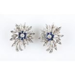 A pair of 1970s sapphire and diamond flower cluster clip on earrings, can also be worn as a brooch