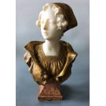 Attributed to AFFORTUNATO GORY. Marble and gilt bronze bust of female wearing bonnet, on red