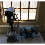 A Clarke metalworker blue painted 6” bench grinder model CBG 6RSC and 1/2” drill press CDP 5DB.