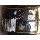 Two boxes of electronics, games controllers, Wii games, Halo, etc, a universal Avometer, headphones,