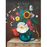 Framed, unsigned oil on board, early 20th Century still life study of flowers in a vase, a shell and