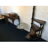 A 19th Century walnut sewing table, reproduction library steps, glass and brass coffee table,