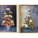 Three framed oil on canvas, two signed GEOFF, dated 1972 and 1973 depicting flowers in vases, 37cm x