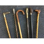 Six wooden walking sticks with various heads including owl, horse, boot, etc.