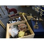 Various engineers tools and parts including a press, sheets of metal, screws, compartmentalised