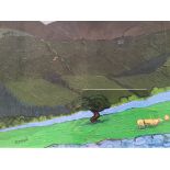 BRAND. Framed, glazed, signed and titled ‘Salty Mountains’, oil on board, Sheep in field with