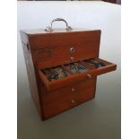 A mahogany seven drawer portable tool chest, 40cm x 33.5cm x 23cm.