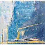 MIKE HOLTOM. Unframed, unsigned oil on canvas, abstract scene in blue and yellow, 40cm x 40cm. (