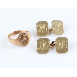 A hallmarked 9ct yellow gold monogrammed signet ring, ring size N ½, together with a pair of