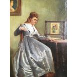 Framed, unglazed oil on board depicting lady sitting at dressing table, 24cm x 30.5cm.