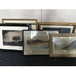 Six framed watercolours and prints, depicting rural scenes.