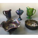 A selection of carnival glass, including Flora by Sowerby bowl, imperial rose flared bowl on three