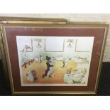 Framed, glazed print of interior scene with dogs, titled Le Bal Tahain, indistinctly signed together