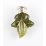 A Victorian scent bottle, the leaf form of carved green hardstone, lid hallmarked London 1889,