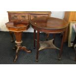 A walnut sewing table together with a mahogany two tier occasional table.