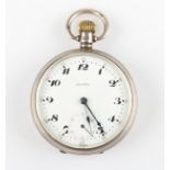 A silver Arcadia crown wind open face pocket watch, the white enamel dial having hourly Arabic