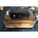 Mahogany campaign box with a black lacquerware box containing a hand painted blue inkwell.