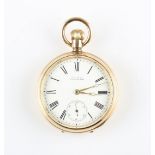 A gold plated A.W.W. Watch Co. Waltham crown wind open face pocket watch, the white enamel dial