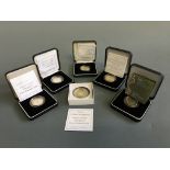 The Royal Mint two pound coins, five silver proof piedfort, 1997, 1998, 1999 Rugby World Cup, 2001